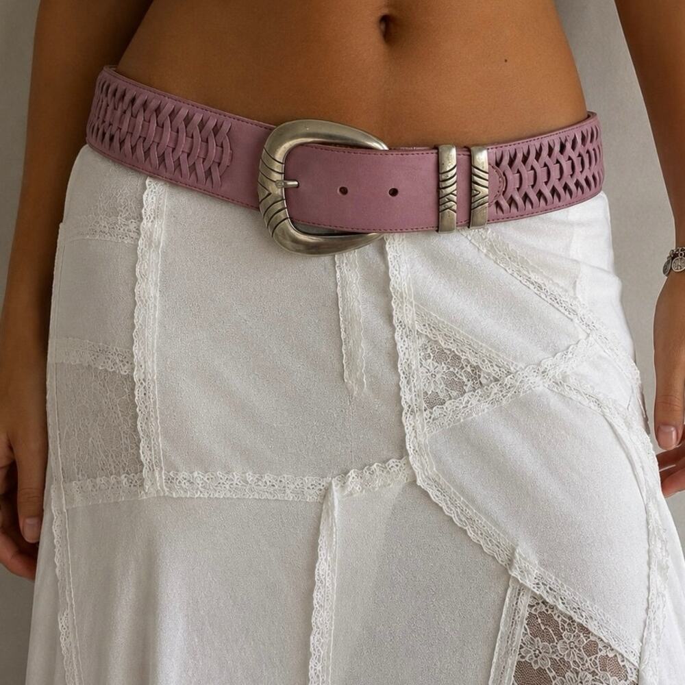 Vintage Y2K AVION Boho Baby Pink Leather Big Buckle Wide Sling Belt Size Small